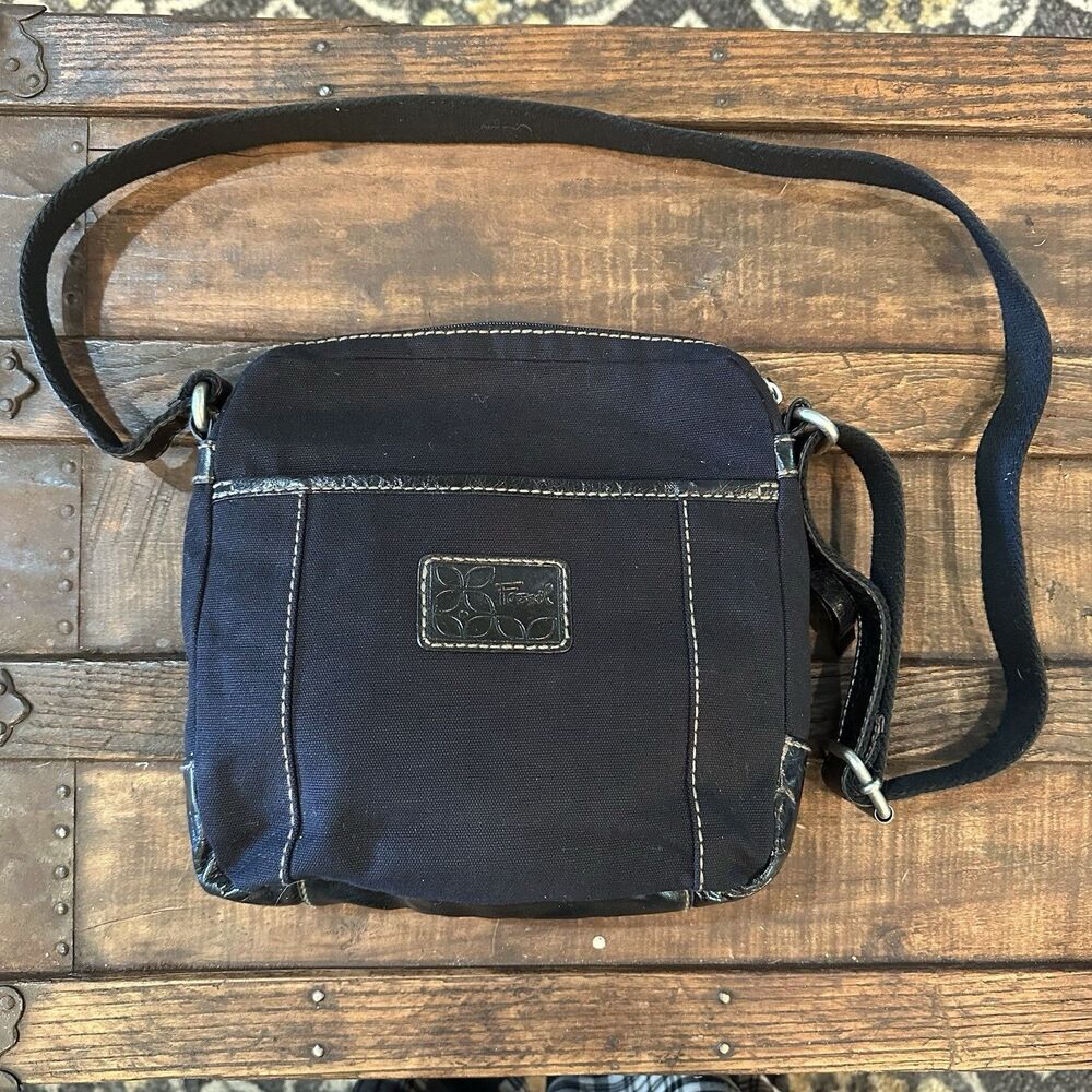 Fossil Black Canvas Leather Crossbody Bag Silver Hardware Y2K